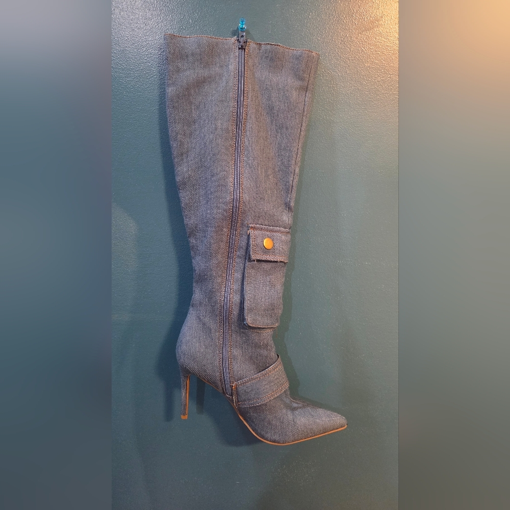 Women's Denim Knee-High Stiletto Boot with Pocket